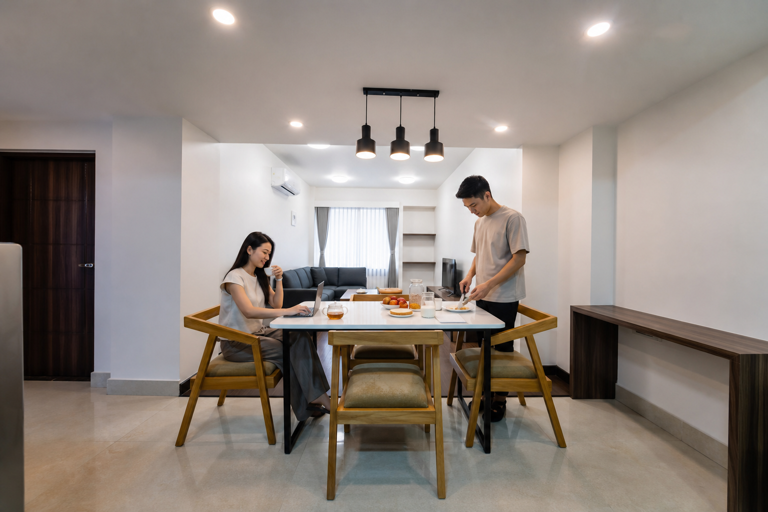 International guests sharing a meal inside Sakuna Apartment